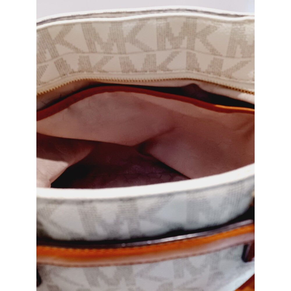 Michael Kors Cream MK Logo Canvas Crossbody with Brown Leather Trim - Picture 9 of 13